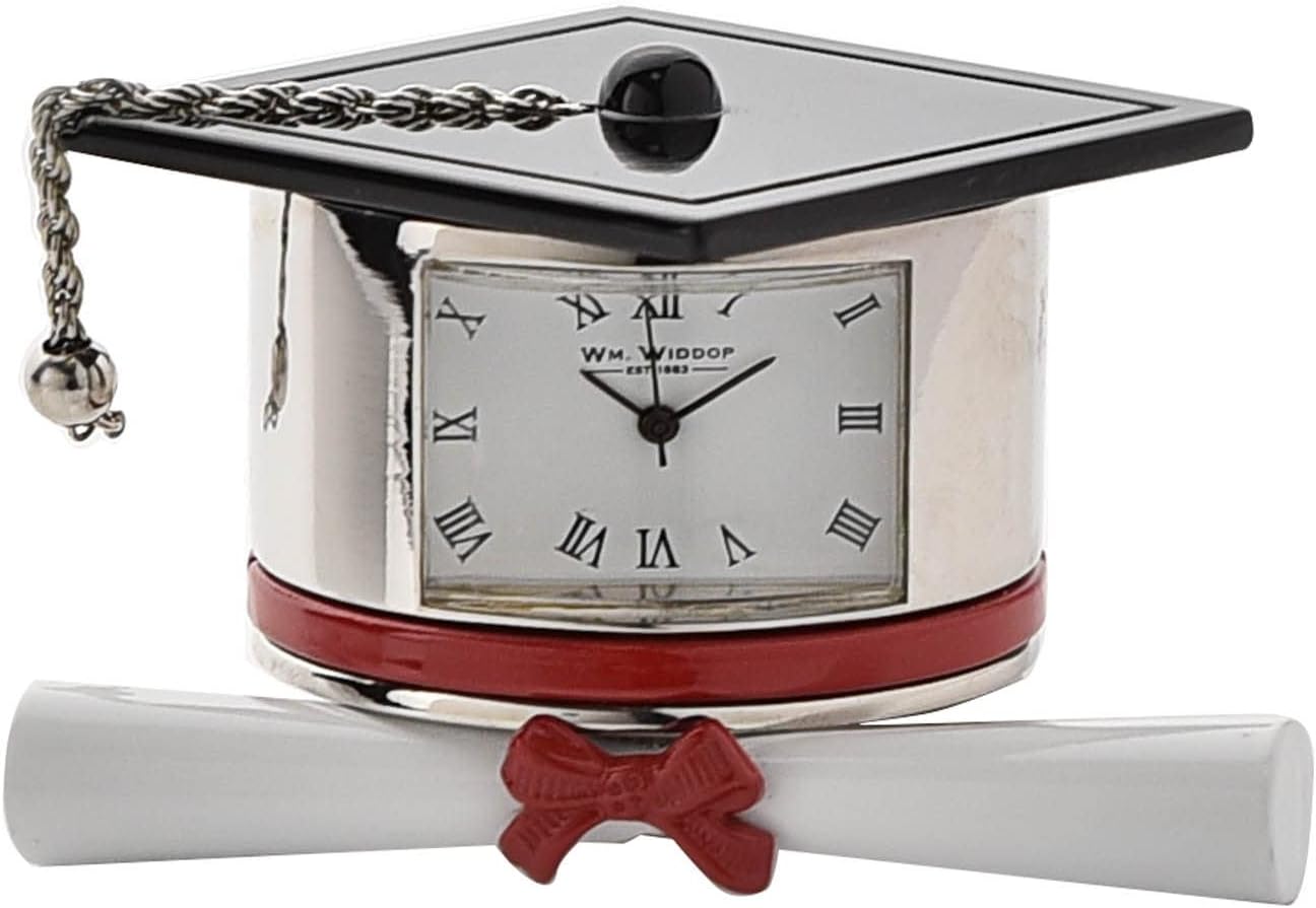 Decorative clock with graduation cap and diploma design on a white background