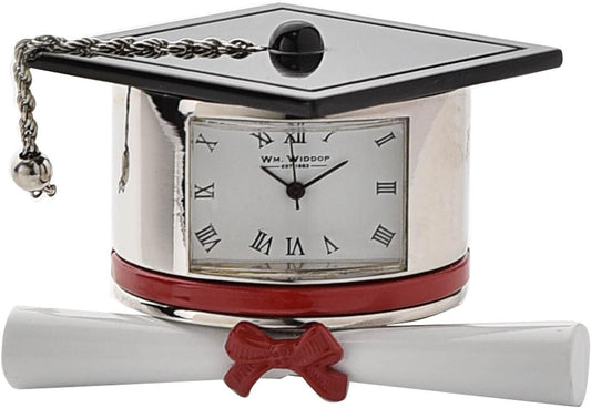 Decorative clock with graduation cap and diploma design on a white background