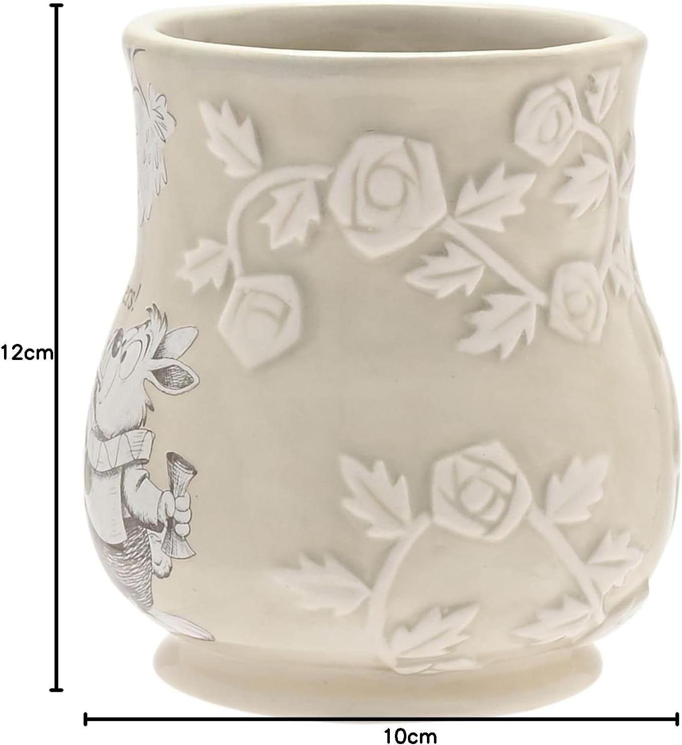White ceramic mug with floral embossing and measurements on a white background