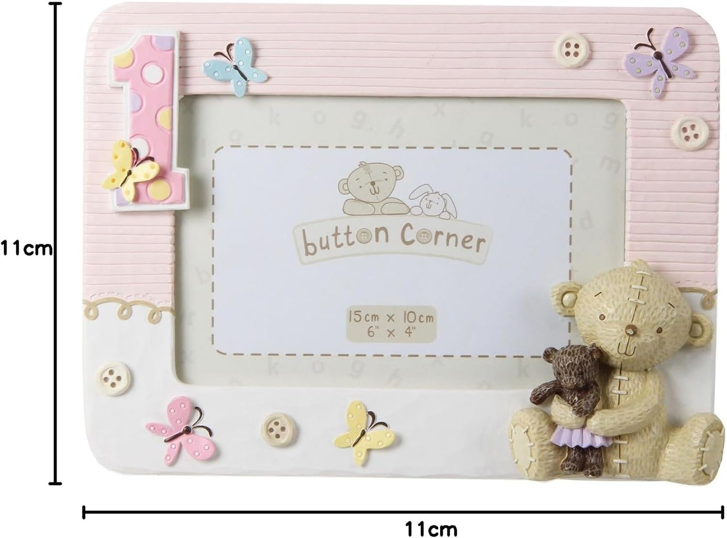 Decorative photo frame with teddy bear and butterfly designs, featuring measurements.