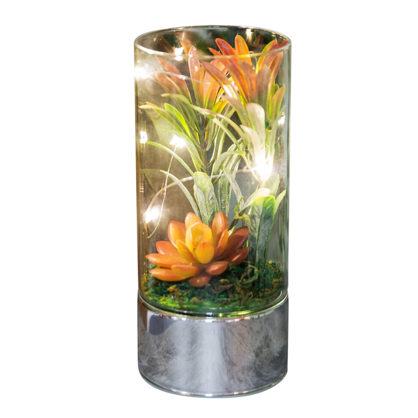 Hestia Glass Terrarium LED Light With Orange Artificial Succulents 20cm