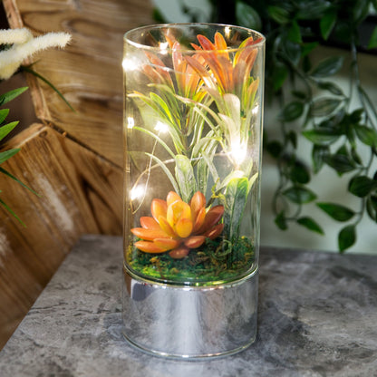 Hestia Glass Terrarium LED Light With Orange Artificial Succulents 20cm