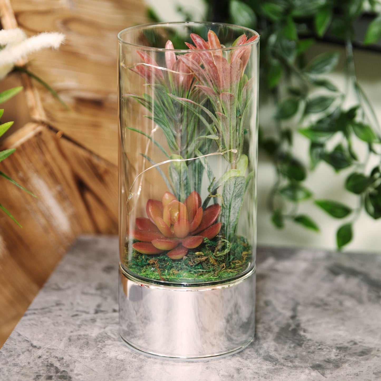 Hestia Glass Terrarium LED Light With Orange Artificial Succulents 20cm