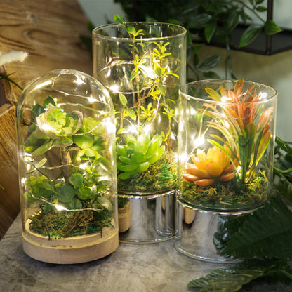 Hestia Glass Terrarium LED Light With Orange Artificial Succulents 20cm