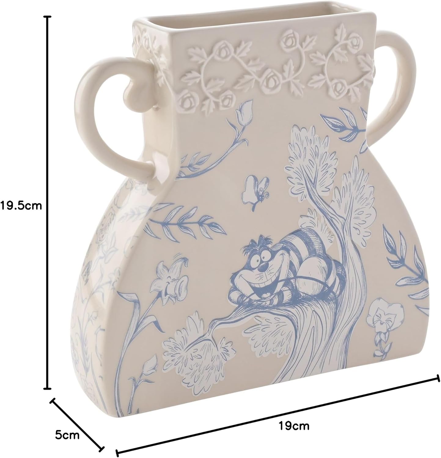 Decorative vase with blue floral and animal design on a beige background, with measurements indicated.