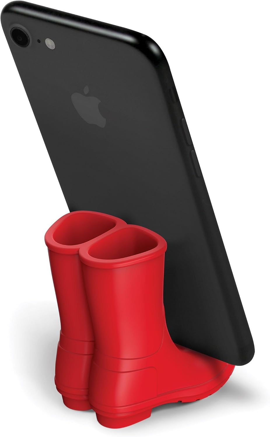 Red rubber wellies holding a black smartphone on a white background