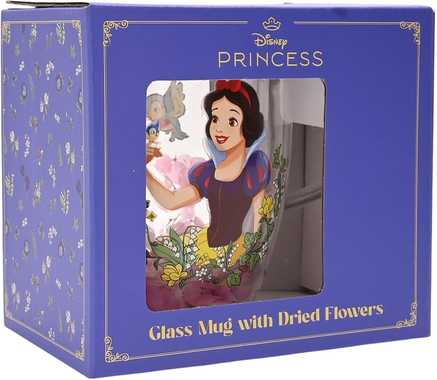 Disney Princess glass mug with dried flowers in its original blue packaging box, featuring Snow White artwork visible through the front window.
