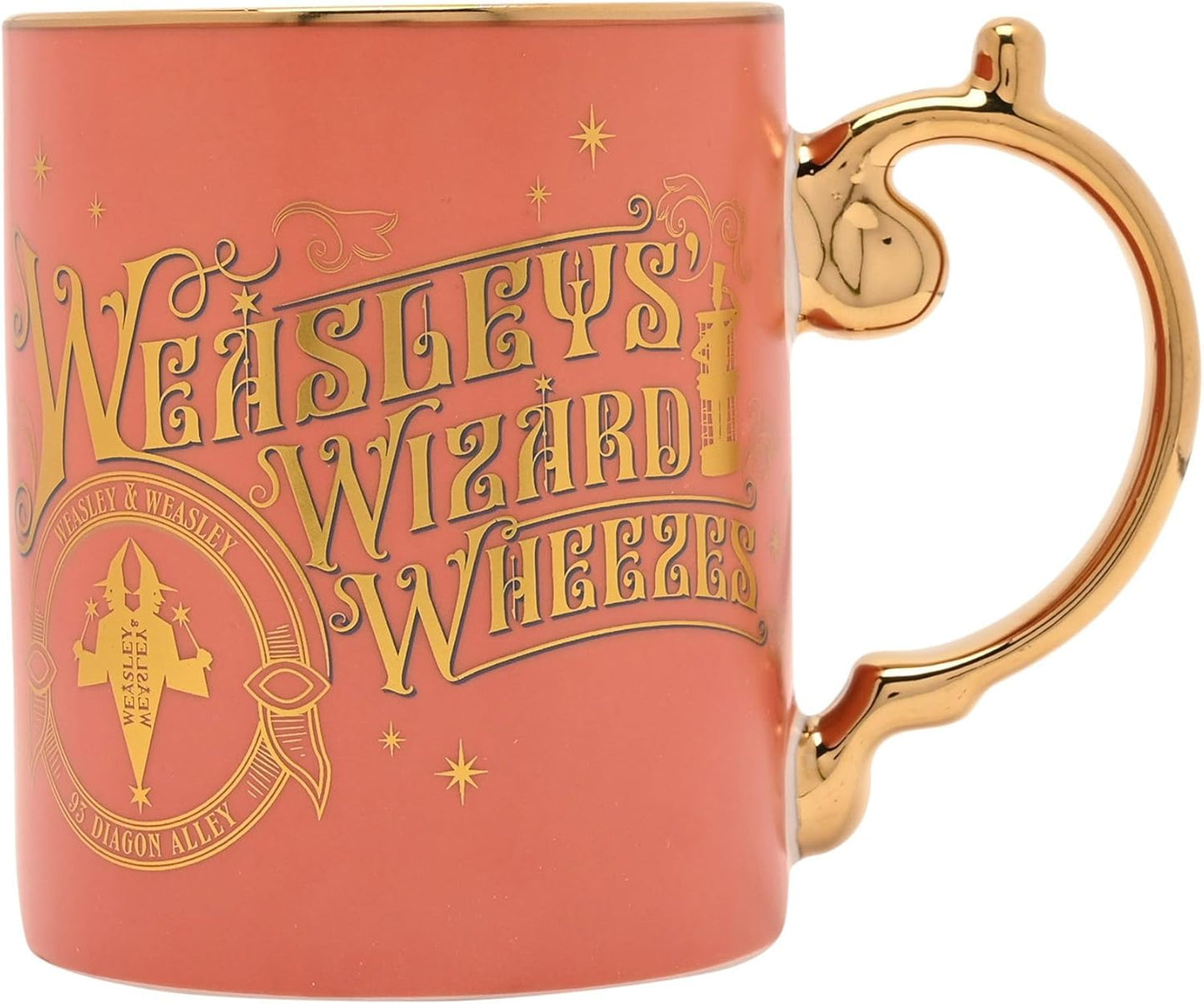 A ceramic mug with a Orange body and shiny gold metallic accents, featuring the text 'Weasley's Wizard Wheezes' and a gold dragon emblem, shown on a plain white background.