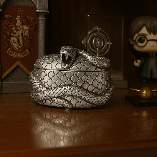 Metallic snake-shaped container on a wooden surface with a Harry Potter figurine in the background.