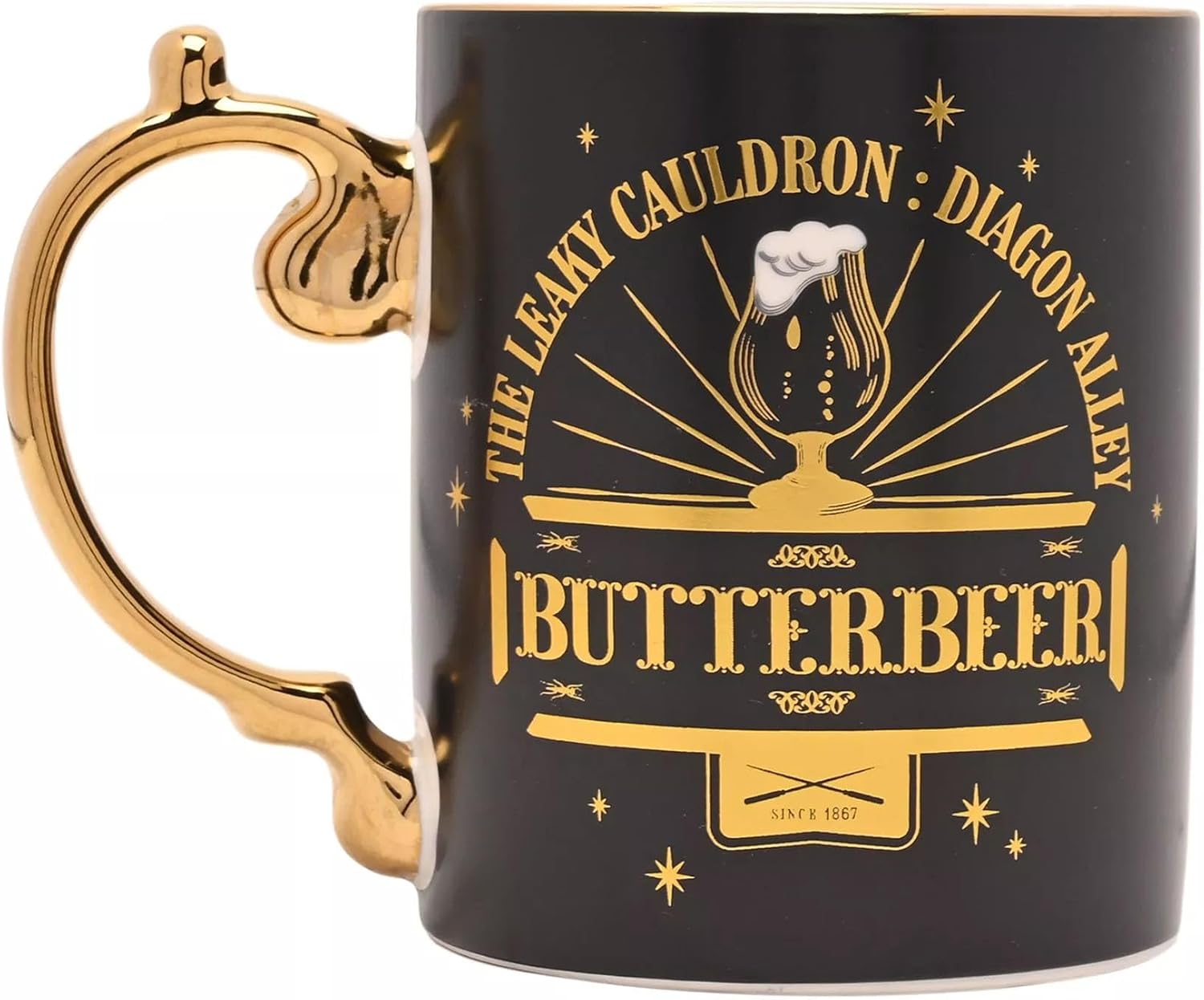 A black ceramic mug with a gold handle and gold printed design featuring a pint glass with foam, stars, and the text 'THE LEAMY CAULDRON : DIAGON ALLEY' and 'BUTTERBEER'.