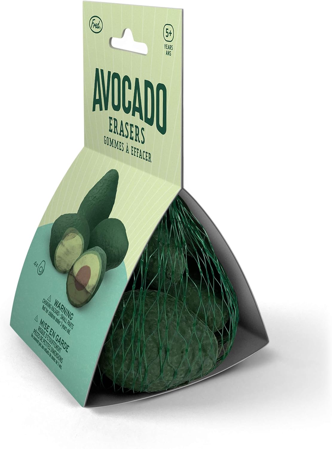 Avocado-shaped erasers in a packaging with avocado illustration on a white background