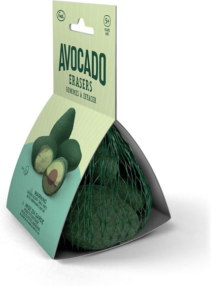 Avocado-shaped erasers in a packaging with avocado illustration on a white background