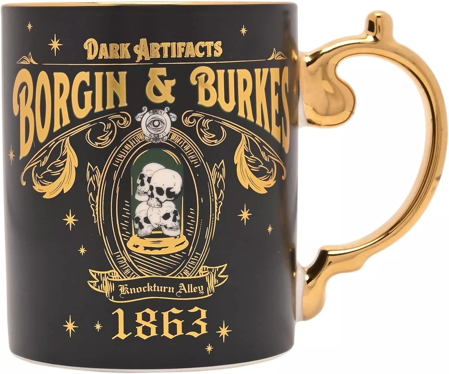 A black ceramic mug with a gold handle and gold printed gothic-style text reading 'Borgin & Burkard' and 'Dark Artifacts,' plus a skull under a glass dome illustration and the year 1863, on a white background.