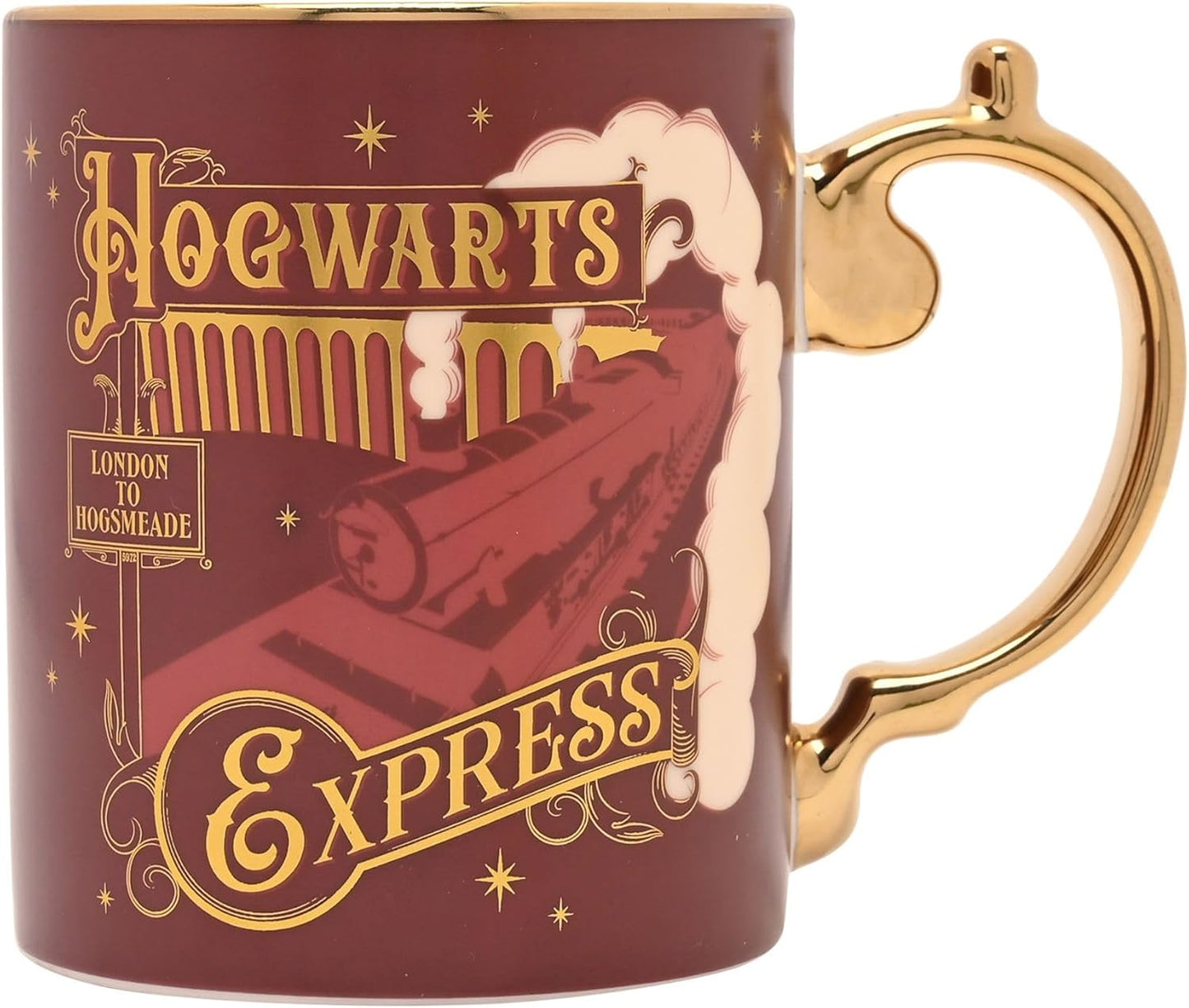 A Harry Potter Hogwarts Express ceramic mug with a dark red body, gold lettering, and a gold handle, shown on a white background.
