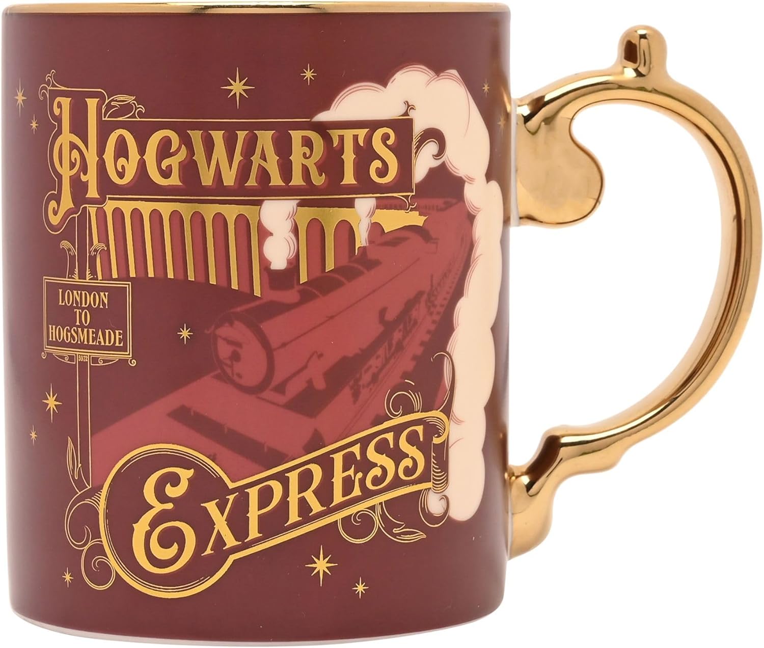 A Harry Potter Hogwarts Express ceramic mug with a dark red body, gold lettering, and a gold handle, shown on a white background.