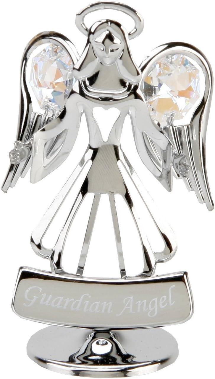 Decorative angel figurine with crystal accents on a silver stand, labeled 'Guardian Angel'.