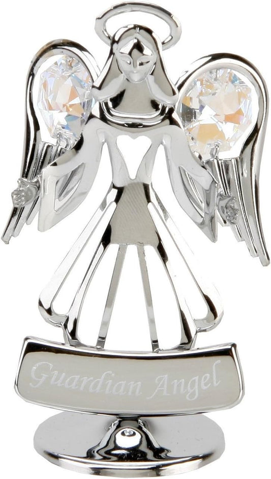 Decorative angel figurine with crystal accents on a silver stand, labeled 'Guardian Angel'.
