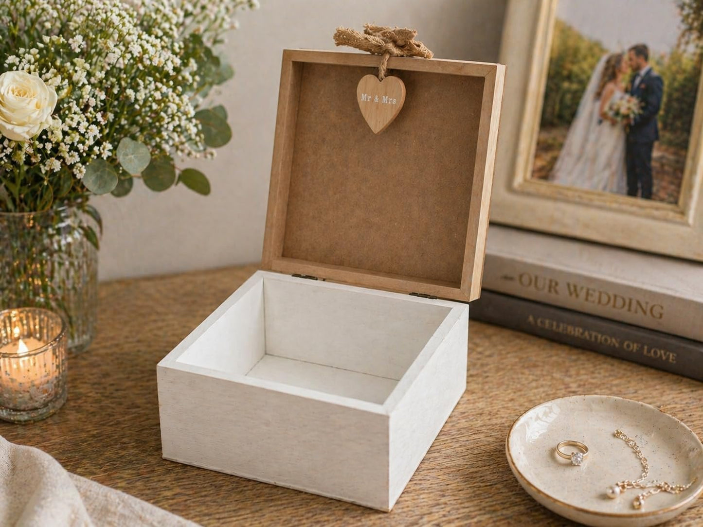 Open wooden box on a table with flowers, books, and a couple's wedding photo in the background.