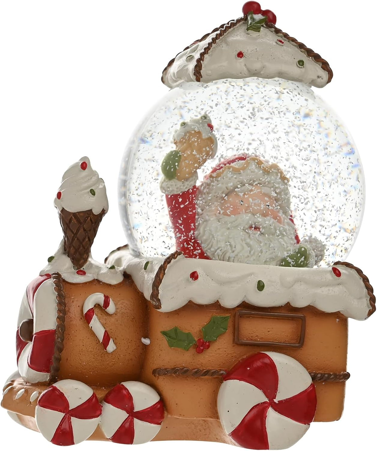 A Christmas-themed gingerbread train snow globe figurine featuring Santa Claus inside a clear glitter-filled dome, with candy cane wheels, icing details, and a snowy white background.