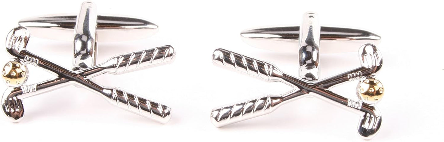 Silver cufflinks with crossed golf clubs and gold accents on a white background