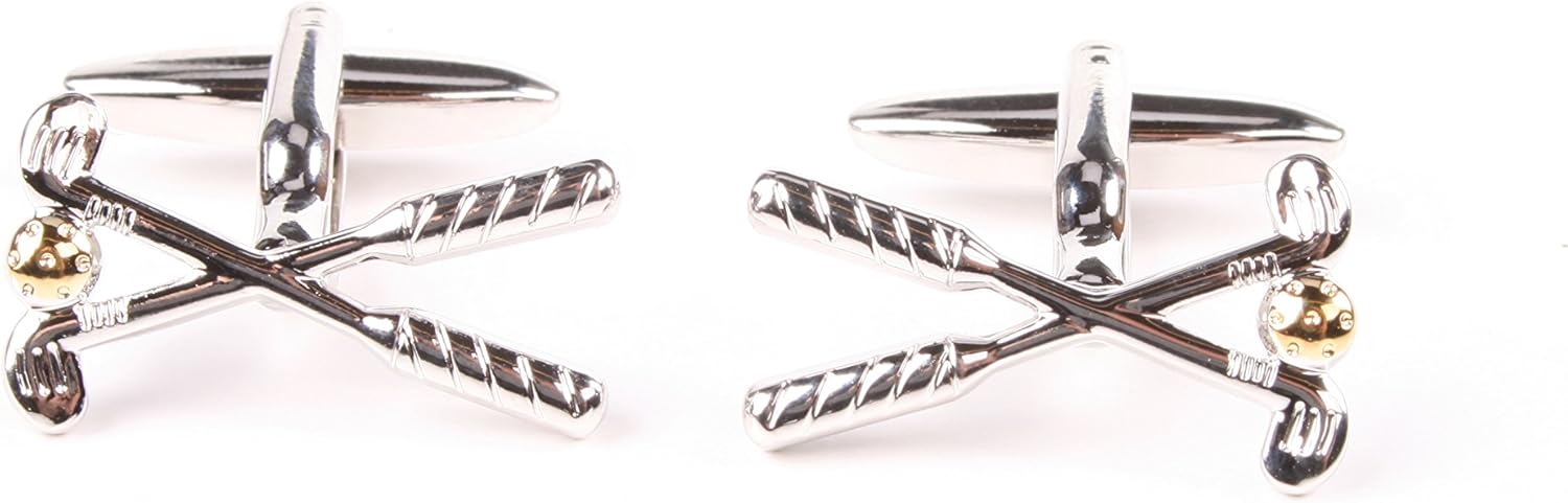 Silver cufflinks with crossed golf clubs and gold accents on a white background