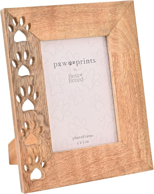 Wooden photo frame with paw prints design on a white background