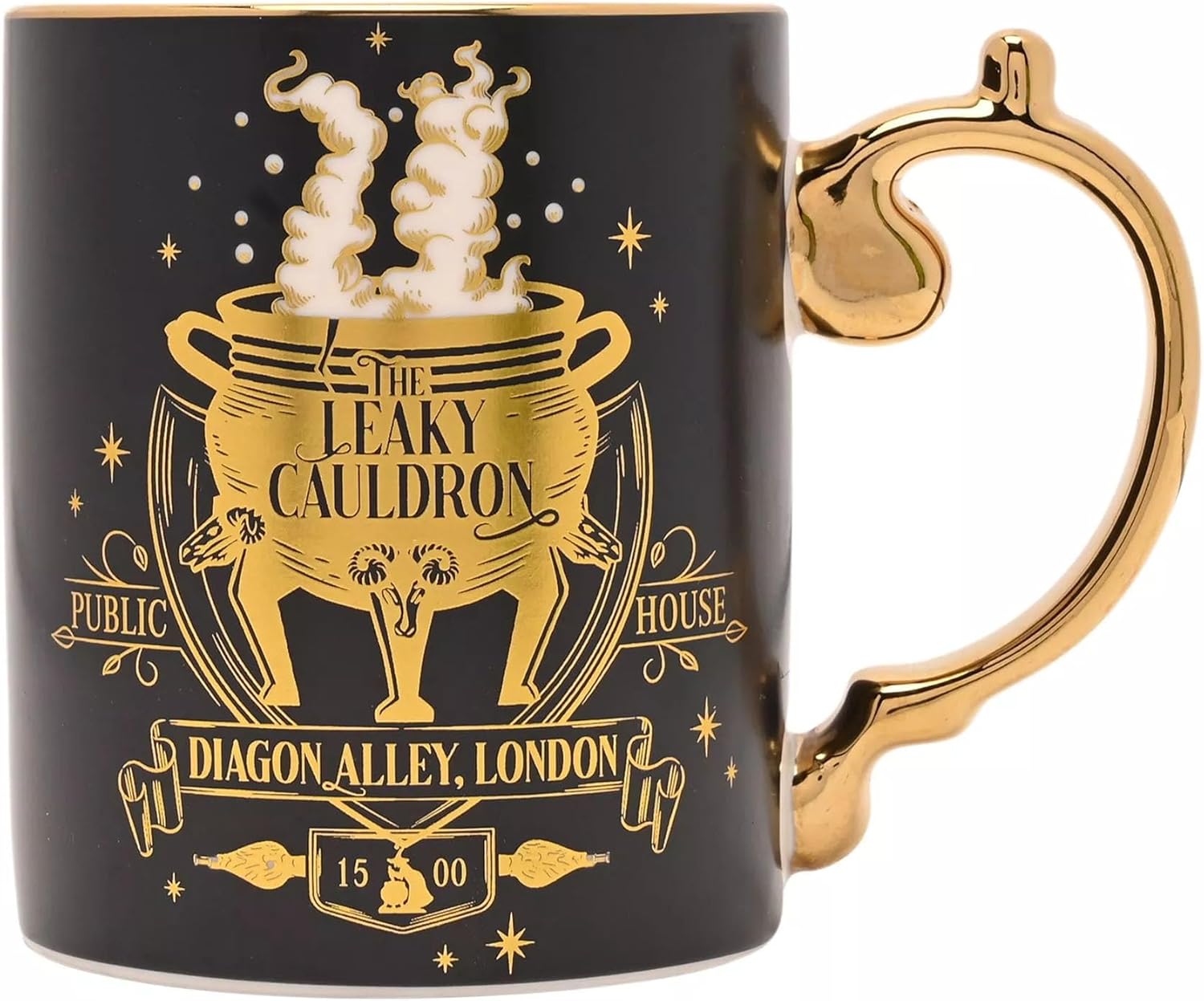 A black ceramic mug with a metallic gold handle and gold printed design featuring 'The Leaky Cauldron' from Harry Potter, including a cauldron, dragon, house number 15, and the text 'Diagon Alley, London'.