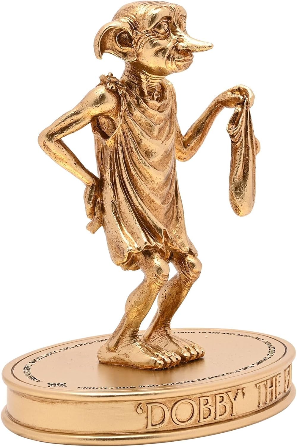 Gold figurine of Dobby the House Elf on a base with 'Dobby the House Elf' text.