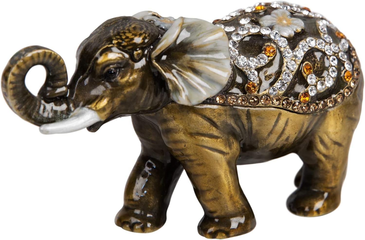 Decorative elephant figurine with jewelry on a white background