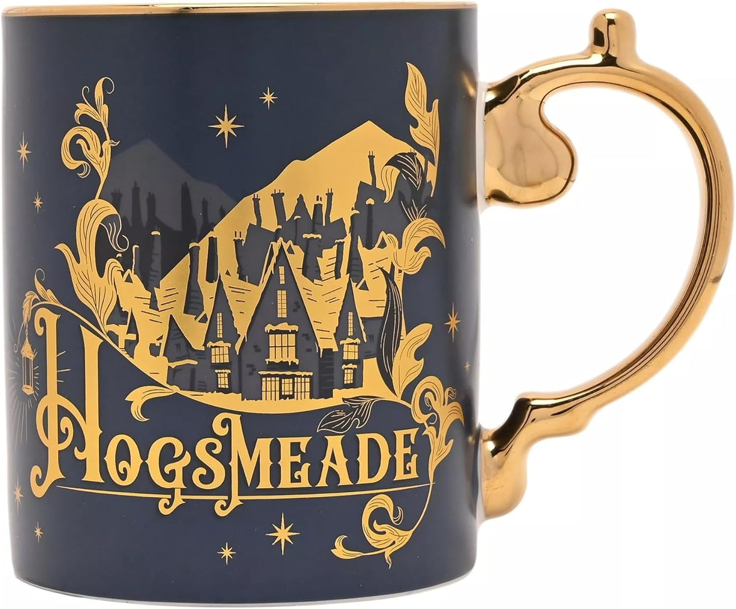 A dark navy blue ceramic mug with a metallic gold Hogsmeade castle illustration and ornate gold lettering, featuring a sculpted gold handle on a white background.