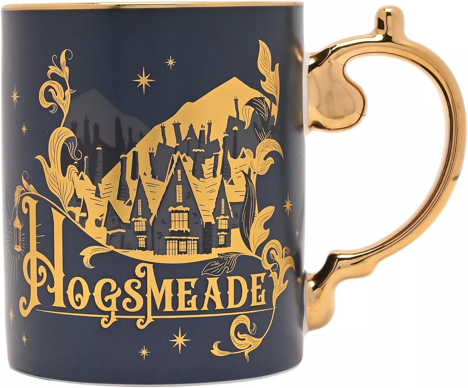 A dark navy blue ceramic mug with a metallic gold Hogsmeade castle illustration and ornate gold lettering, featuring a sculpted gold handle on a white background.