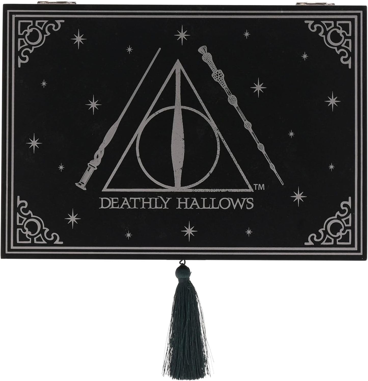 Decorative box with 'Deathly Hallows' symbol and wands on a black background with stars.