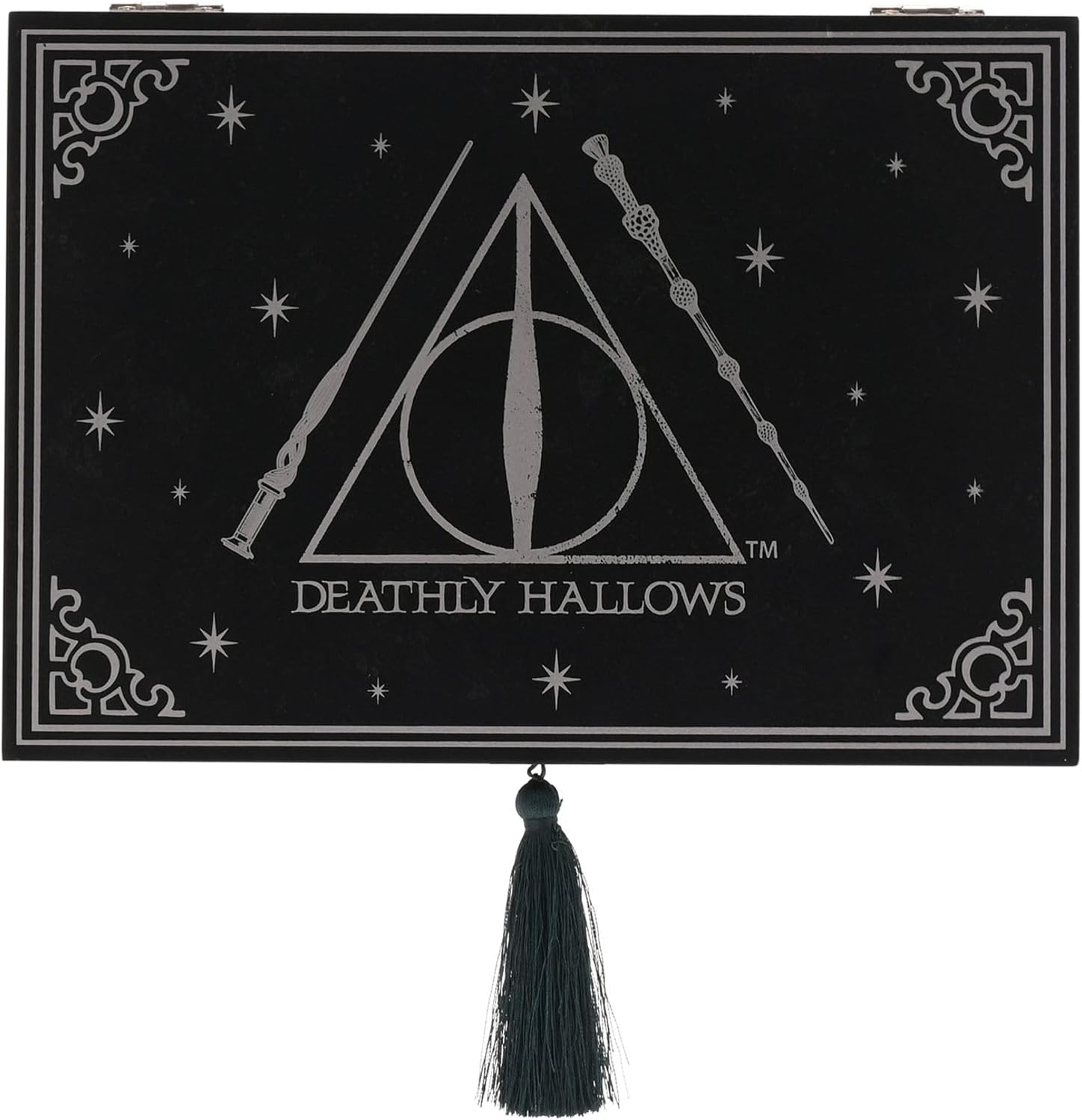 Decorative box with 'Deathly Hallows' symbol and wands on a black background with stars.