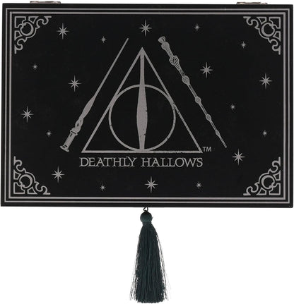 Decorative box with 'Deathly Hallows' symbol and wands on a black background with stars.