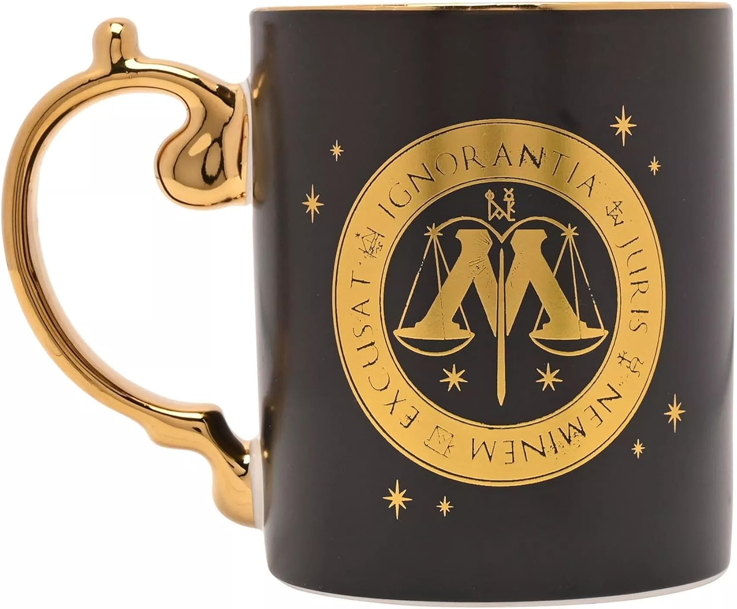 A glossy black ceramic mug with a gold metallic handle and a gold circular seal featuring the scales of justice and the Latin phrase