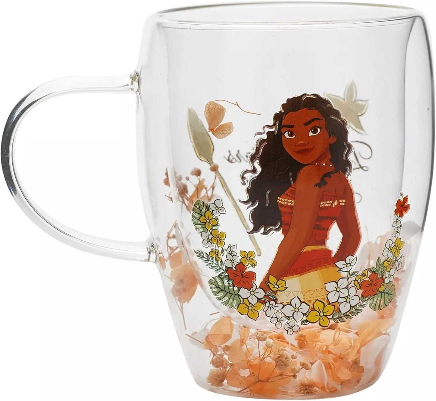 Clear glass double-walled mug featuring an illustration of Moana from Moana Disney, surrounded by tropical flowers and dried orange flower petals inside.