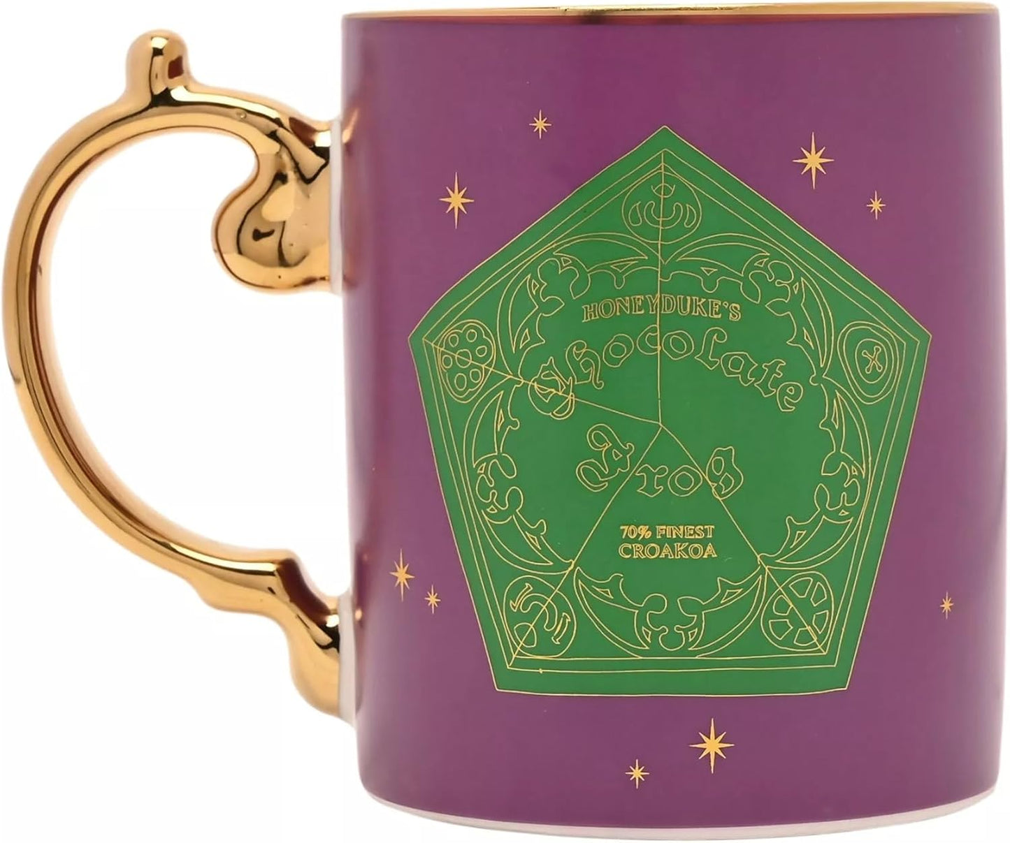 A purple ceramic mug with a gold-trimmed handle and rim, featuring a green pentagonal Hogwarts Chocolate Trio design with gold lettering and star accents on a white background.