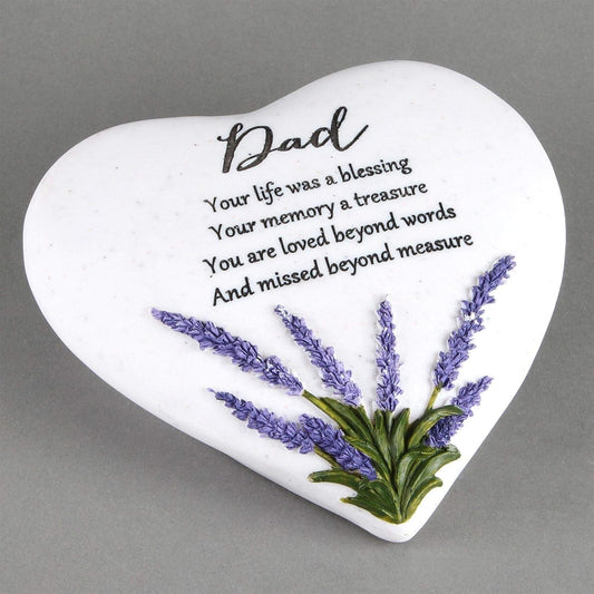 Heart-shaped white plaque with lavender design and text on a gray background