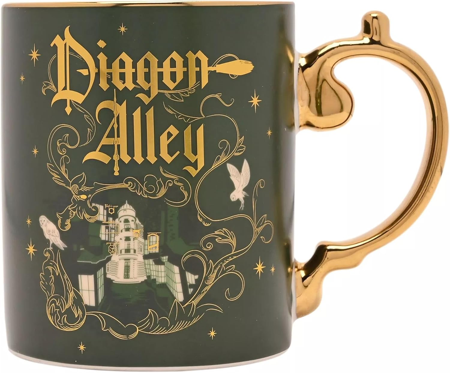 A dark green ceramic mug with a gold handle and gold 'Diagon Alley' themed graphic, featuring the Hogwarts castle and owl illustration, on a white background.