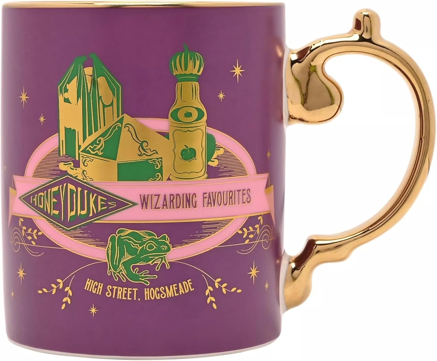 A purple ceramic mug with a gold handle and gold rim, featuring a 'Honeyduke Wizarding Favourites' design with green and gold illustrations of Hogwarts symbols and text.