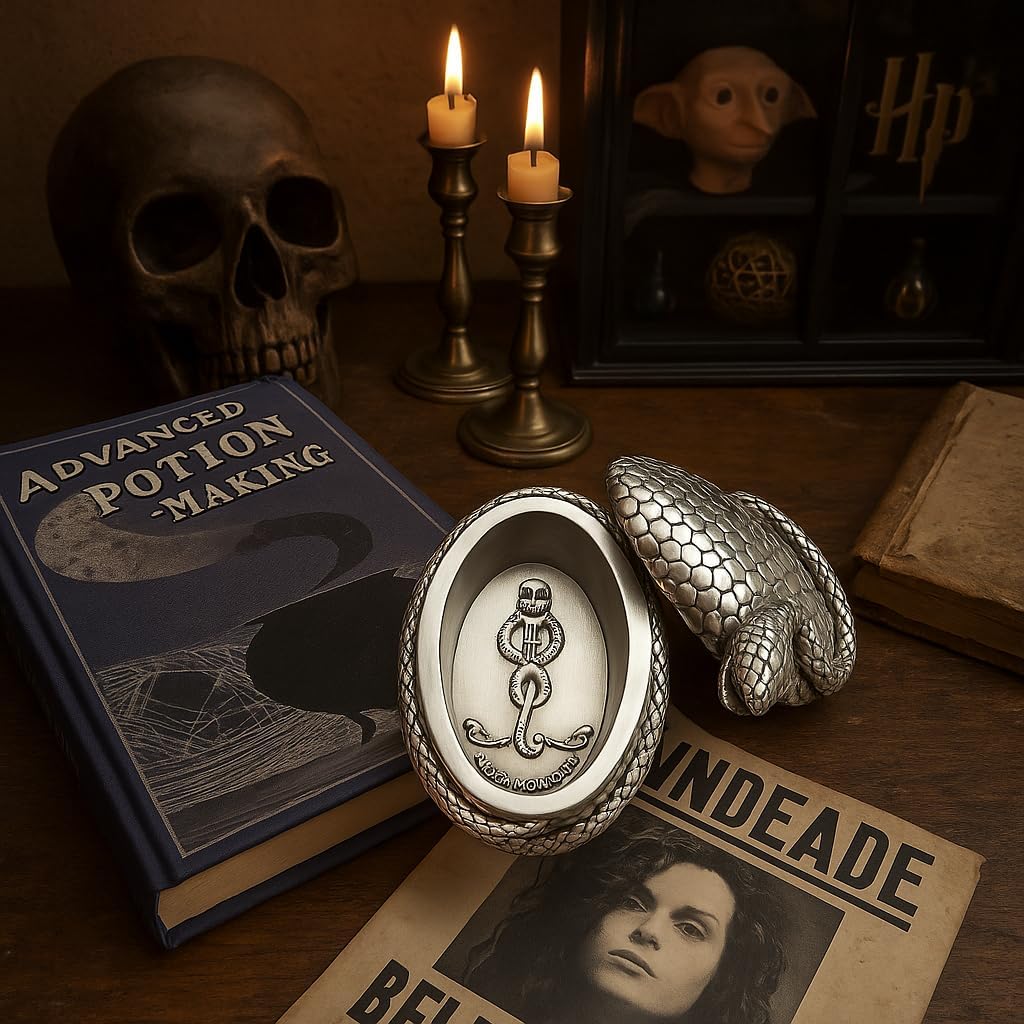 Silver container with snake emblem on a table with books and candles