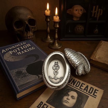 Silver container with snake emblem on a table with books and candles
