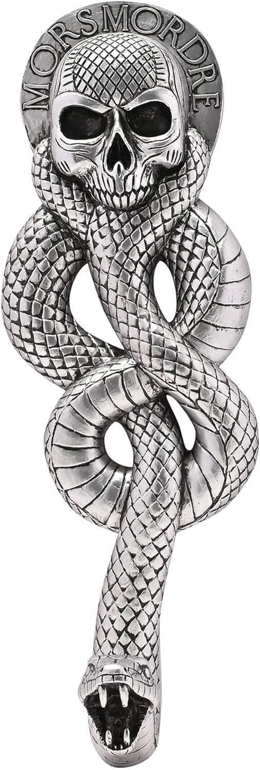 Silver snake and skull design with 'Mors Mordre' text on a white background