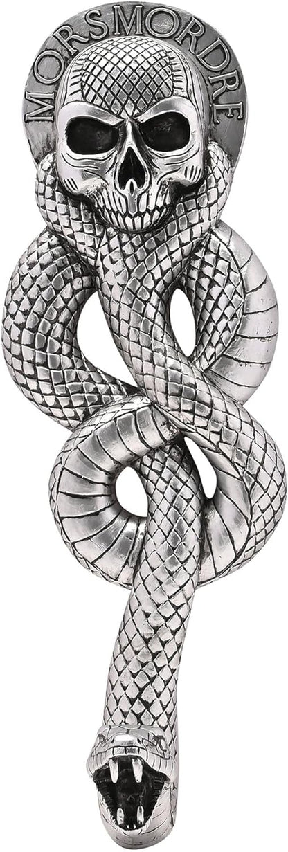 Silver snake and skull design with 'Mors Mordre' text on a white background