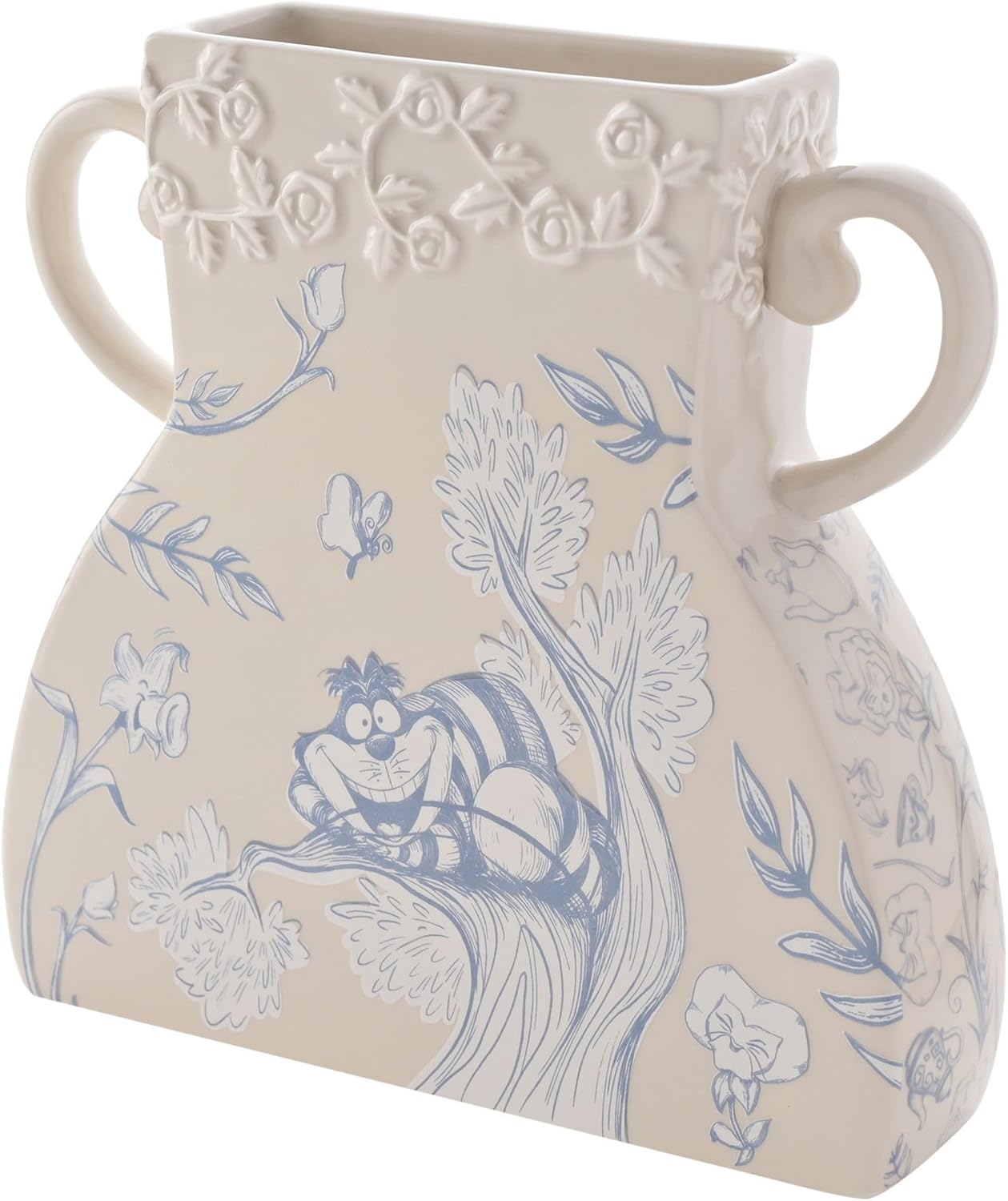 Decorative vase with blue animal design and floral patterns on a beige background