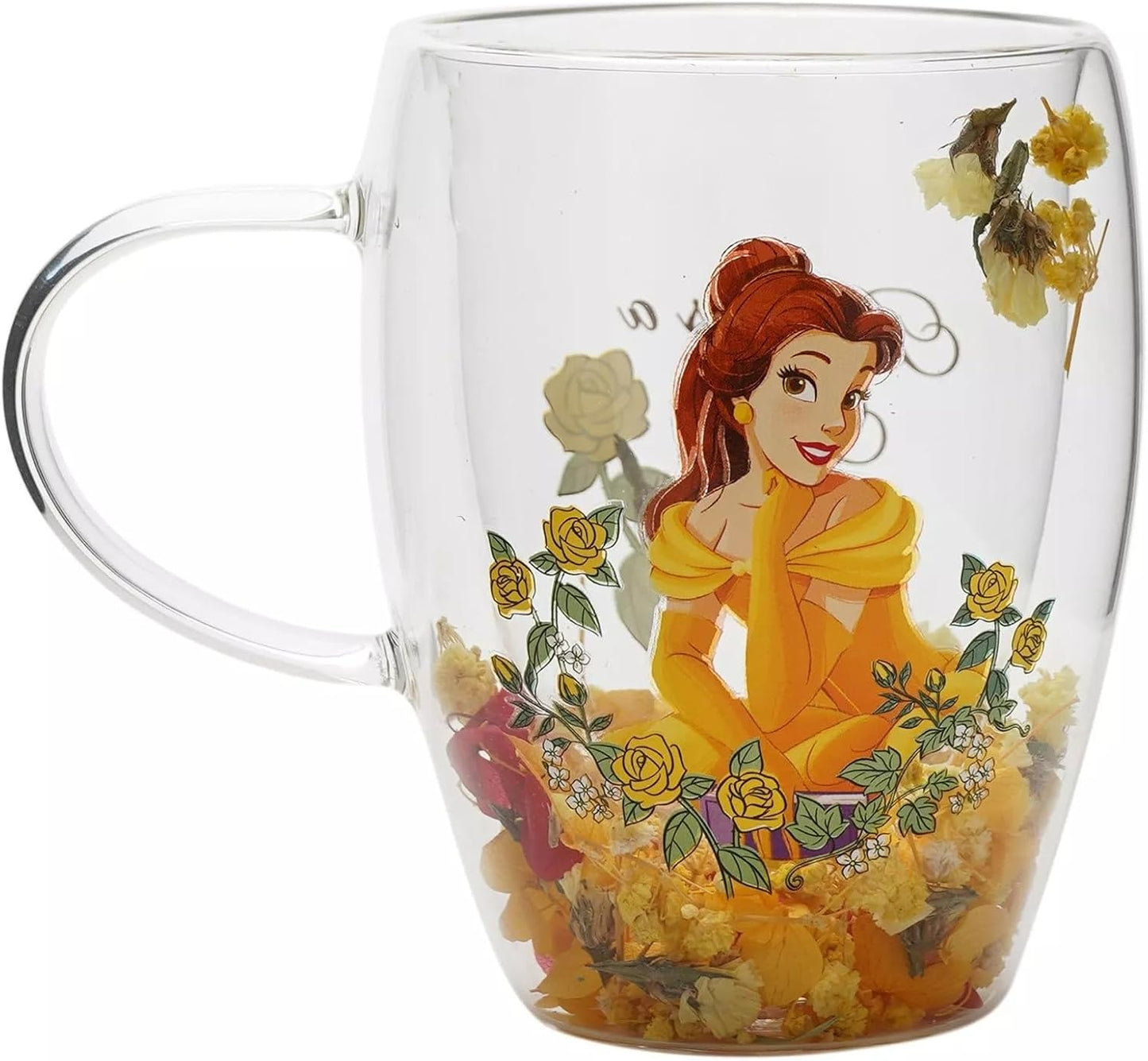 A clear glass mug featuring a printed illustration of Belle from Beauty and the Beast in a yellow gown, surrounded by yellow roses and green leaves, on a white background.