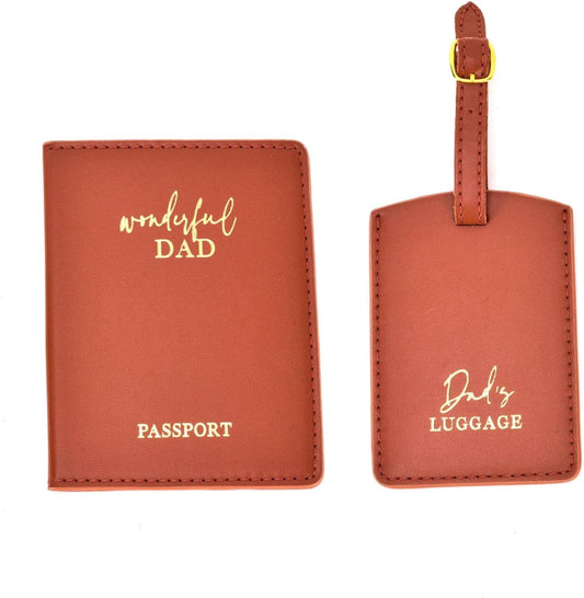 Passport holder and luggage tag set with 'wonderful DAD' and 'Dad's Luggage' text.