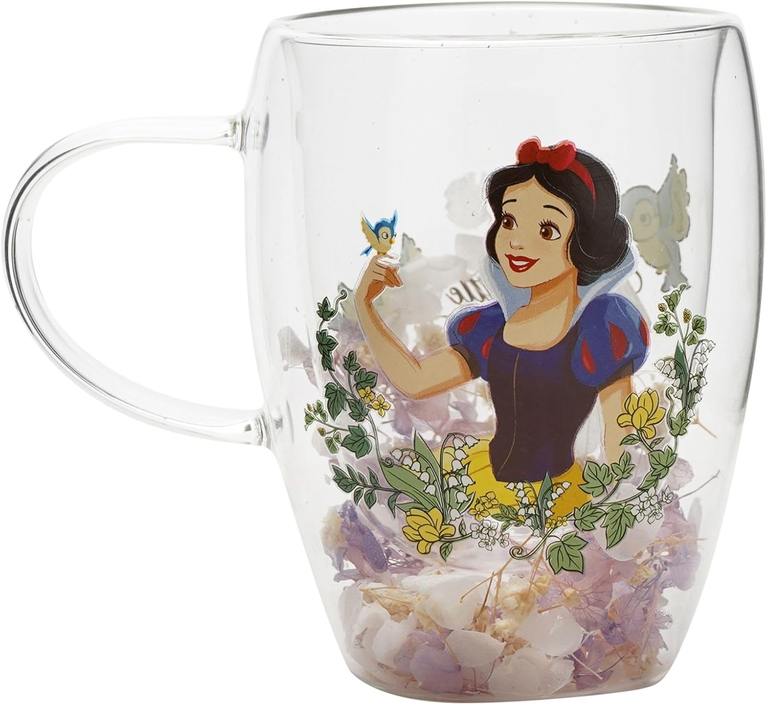 A clear double-walled glass mug featuring a printed illustration of Snow White surrounded by flowers and a butterfly, with decorative filler inside the bottom chamber.