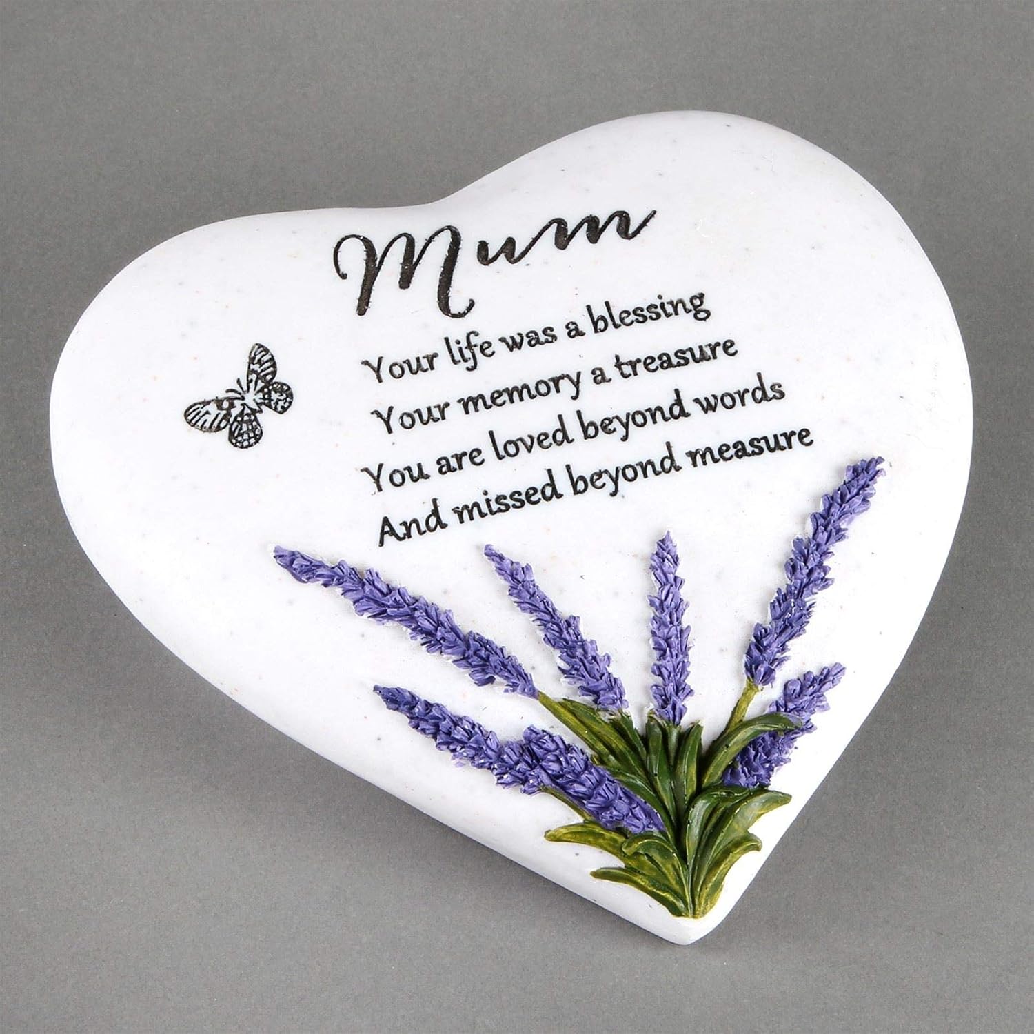 Heart-shaped plaque with lavender design and text on a gray background