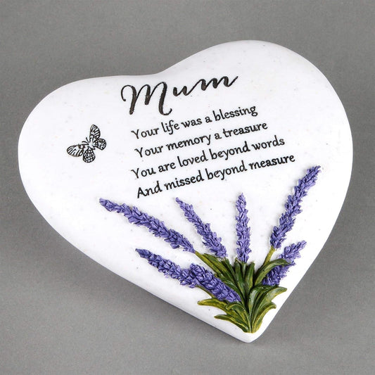 Heart-shaped plaque with lavender design and text on a gray background